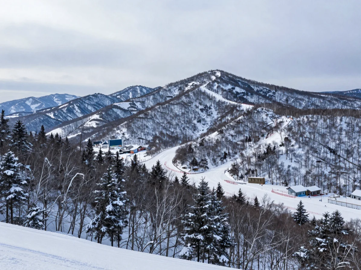 Wide environmental view of snow-covered mountain terrain at Jingyuetan ski resort in Jilin Province, China, overcast win