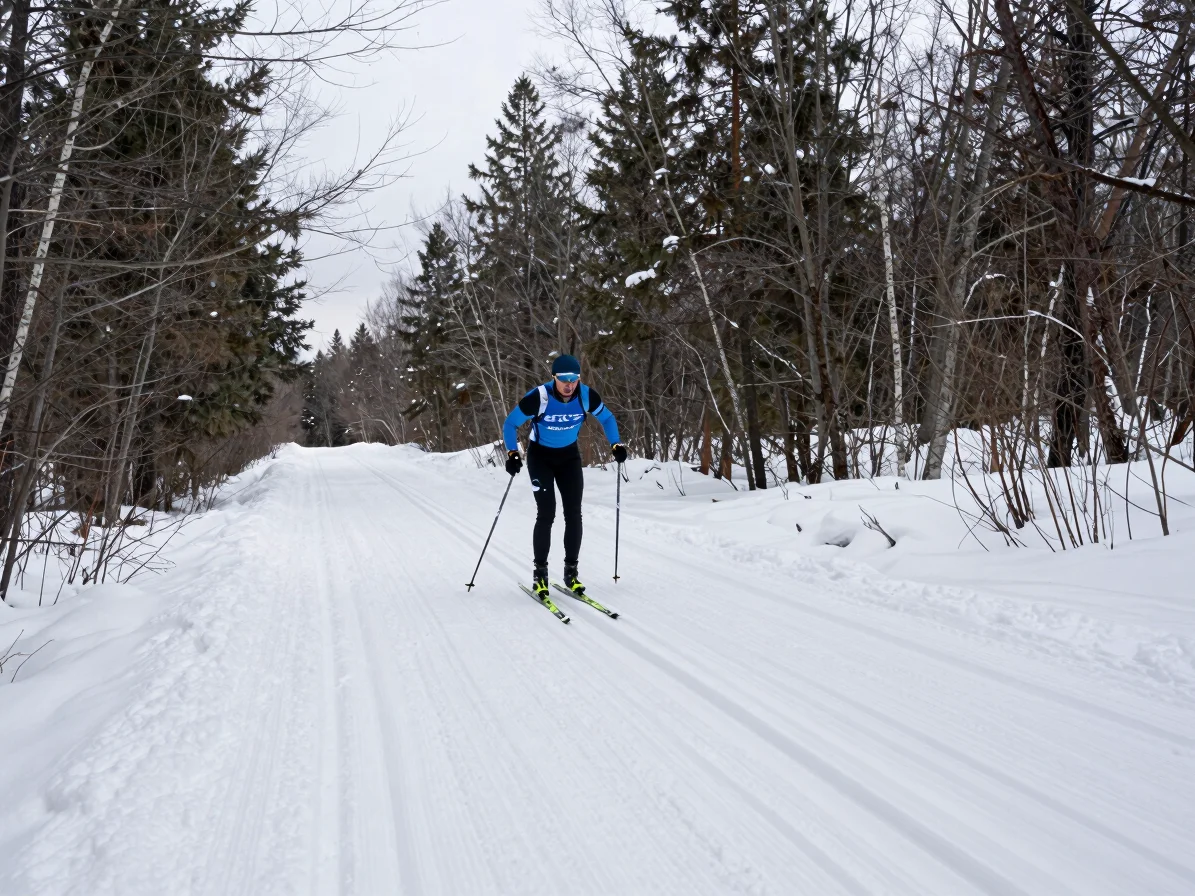 Athletes in candid action on a groomed cross-country ski trail in