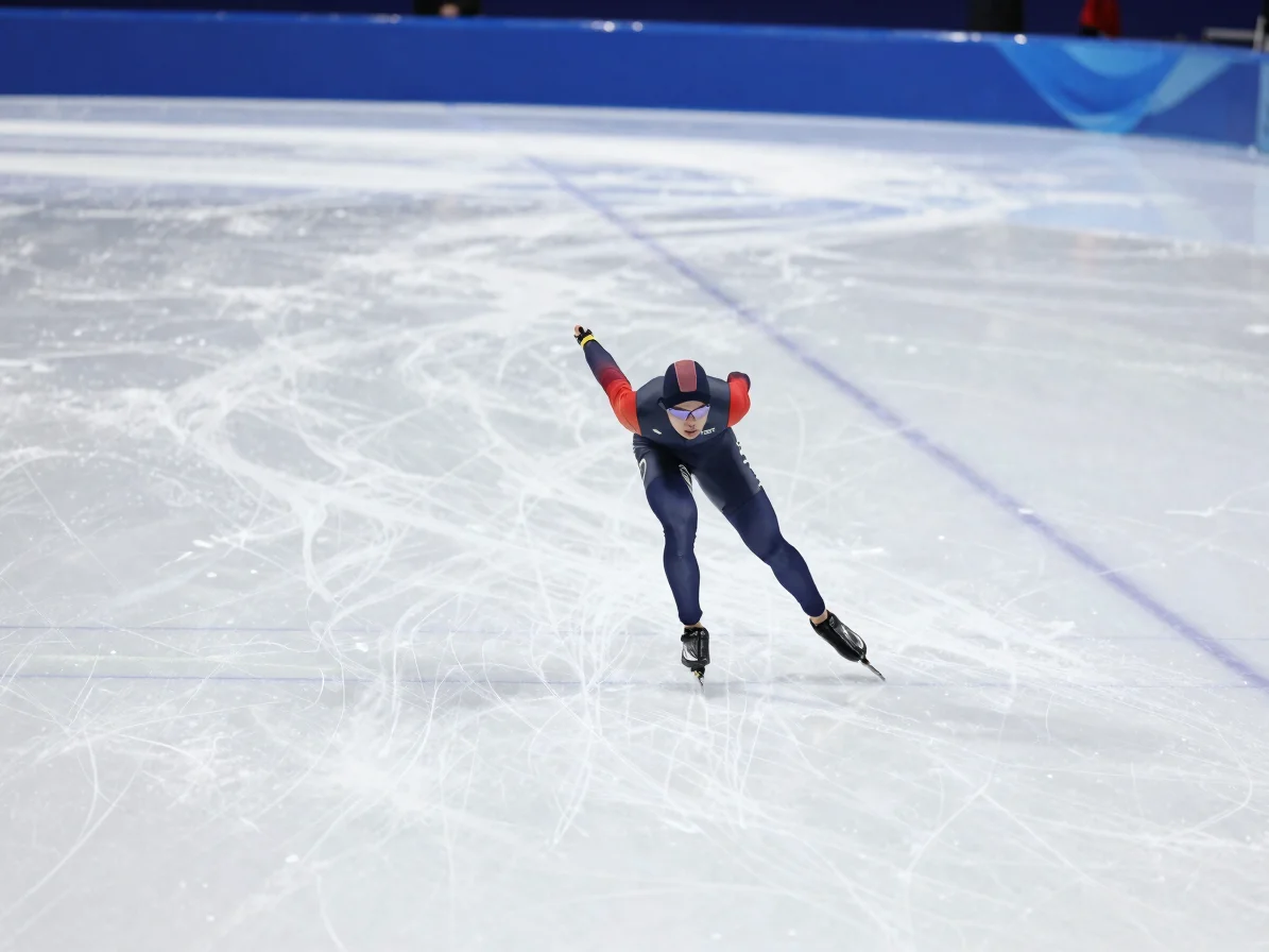 Speed skater in mid-stride on an indoor oval, cool white ice and