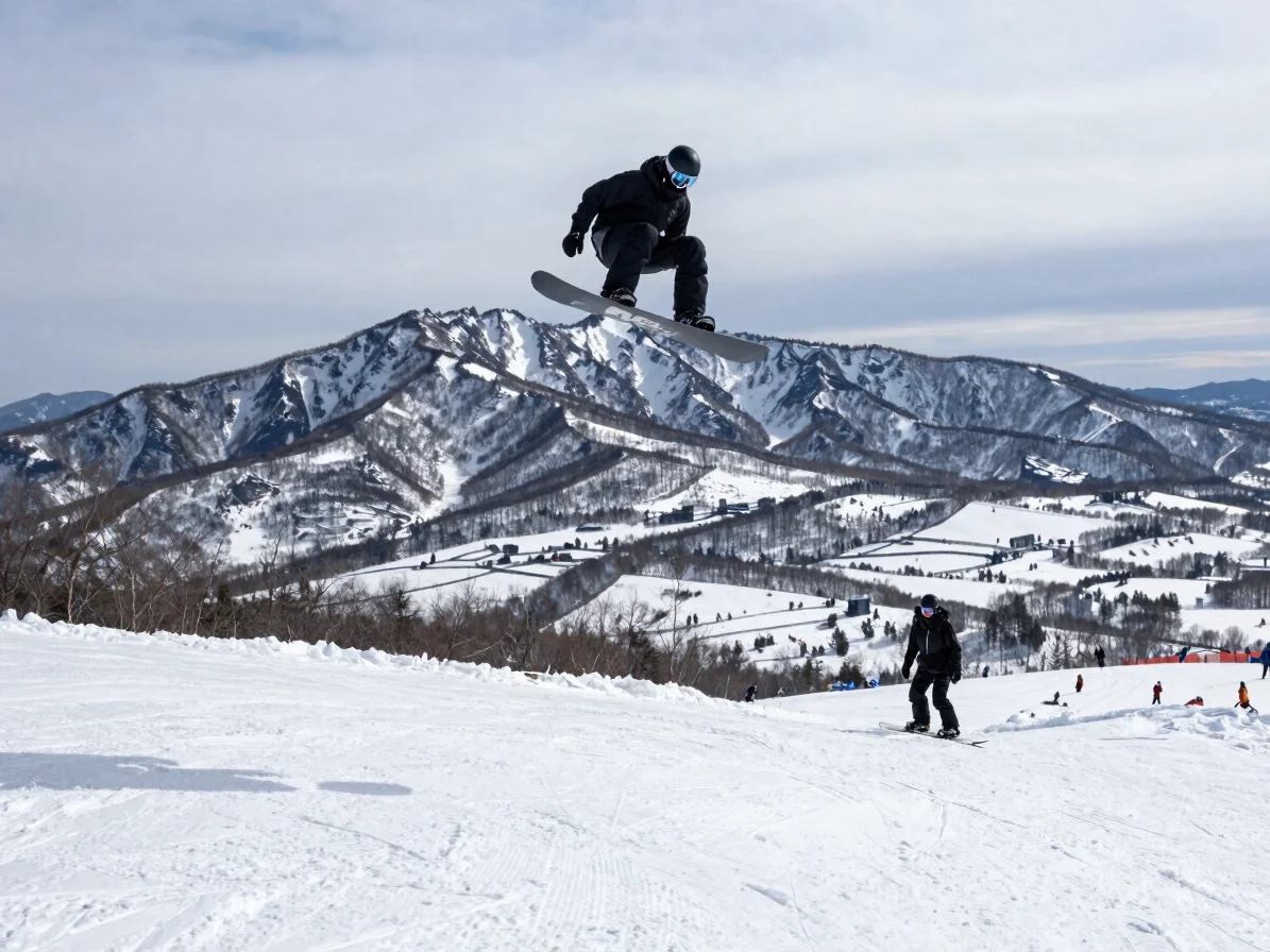 Snowboarder and freestyle skier against a snow-covered Jilin moun