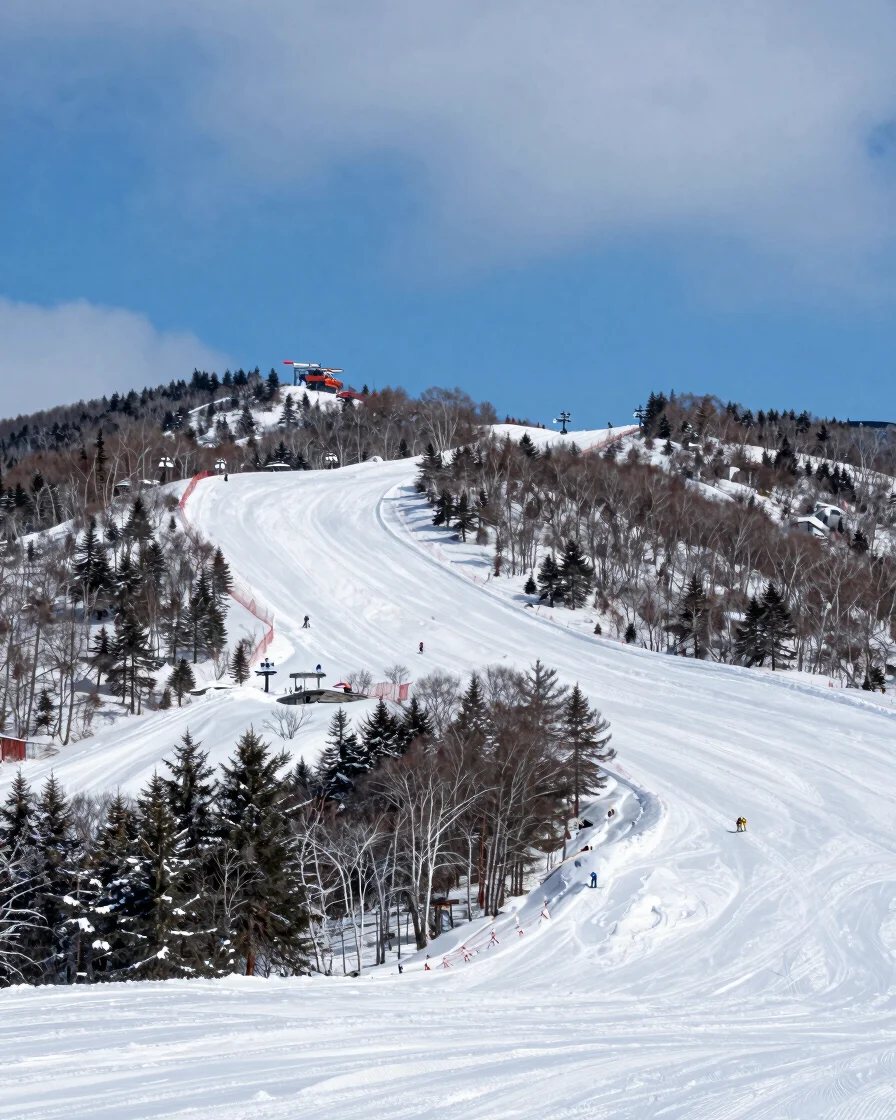 Wide environmental view of snow-covered ski resort terrain near C